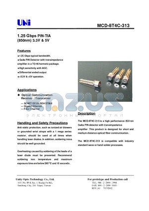 MCD-8T4C-313 datasheet - 1.25 Gbps PIN-TIA (850nm) 3.3V & 5V