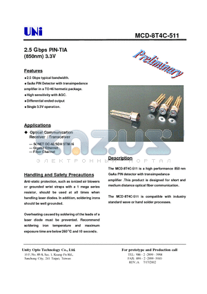 MCD-8T4C-511 datasheet - 2.5 Gbps PIN-TIA (850nm) 3.3V