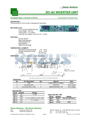 PS-DA0201-03 datasheet - DC-AC INVERTER UNIT 10 W DUAL OUTPUTS