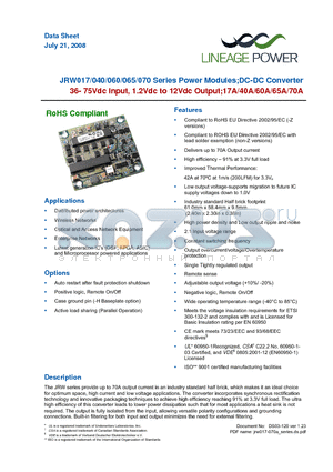 JRW017A0B1Z datasheet - 36-75Vdc Input; 1.2Vdc to 12Vdc Output