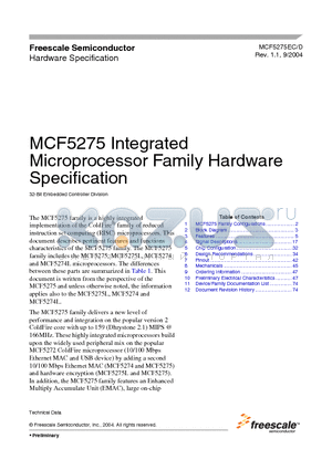 MCF5275 datasheet - MCF5275 Integrated Microprocessor Family Hardware Specification