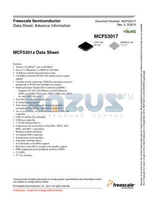 MCF53017CMJ240 datasheet - Version 3 ColdFire^ core with EMAC