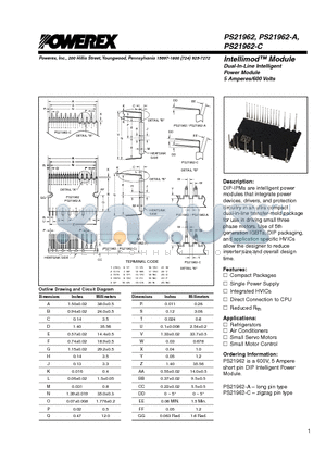 PS21962 datasheet - Dual-In-Line Intelligent Power Module 5 Amperes/600 Volts