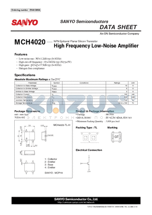 MCH4020-TL-H datasheet - NPN Epitaxial Planar Silicon Transistor High Frequency Low-Noise Amplifier