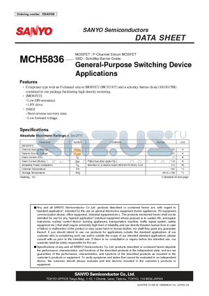 MCH5836 datasheet - MOSFET : P-Channel Silicon MOSFET OSFET General-Purpose Switching Device Applications