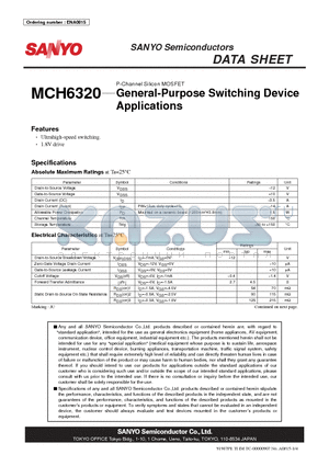 MCH6320 datasheet - P-Channel Silicon MOSFET General-Purpose Switching Device Applications