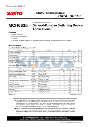 MCH6635 datasheet - P-Channel Silicon MOSFET General-Purpose Switching Device Applications