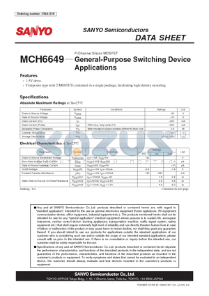 MCH6649 datasheet - P-Channel Silicon MOSFET General-Purpose Switching Device Applications