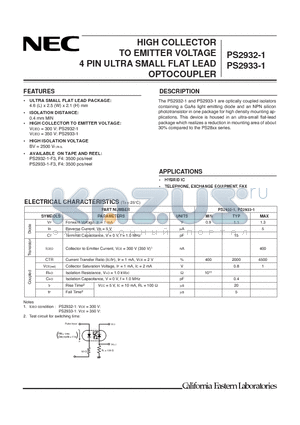 PS29133-1-F3 datasheet - HIGH COLLECTOR TO EMITTER VOLTAGE 4 PIN ULTRA SMALL FLAT LEAD OPTOCOUPLER