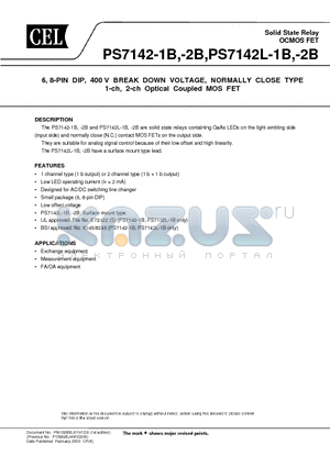 PS7142L-2B-E4-A datasheet - 6, 8-PIN DIP, 400 V BREAK DOWN VOLTAGE, NORMALLY CLOSE TYPE 1-ch, 2-ch Optical Coupled MOS FET