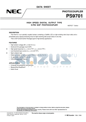 PS9701-E3 datasheet - HIGH SPEED DIGITAL OUTPUT TYPE 5-PIN SOP PHOTOCOUPLER