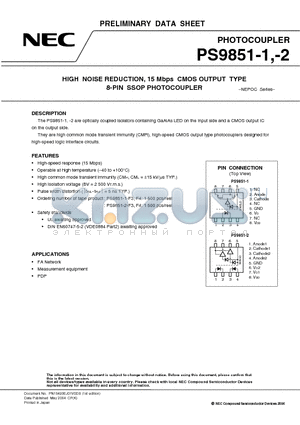 PS9851-2-V-F4-A datasheet - HIGH NOISE REDUCTION, 15 Mbps CMOS OUTPUT TYPE 8-PIN SSOP PHOTOCOUPLER