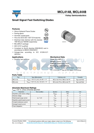 MCL4148 datasheet - Small Signal Fast Switching Diodes