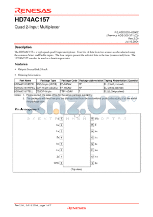 HD74AC157ARPEL datasheet - Quad 2-Input Multiplexer