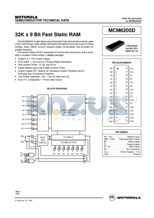 MCM6205DJ15R2 datasheet - 32K x 9 Bit Fast Static RAM