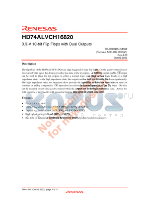 HD74ALVCH16820 datasheet - 3.3-V 10-bit Flip Flops with Dual Outputs