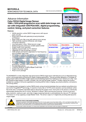 MCM20027IBBL datasheet - Color SXGA Digital Image Sensor 1280 x 1024 pixel progressive scan solid state image sensor with integrated CDS/PGA/ADC, digital programming,  control