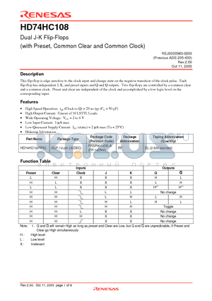 HD74HC108RPEL datasheet - Dual J-K Flip-Flops (with Preset, Common Clear and Common Clock)