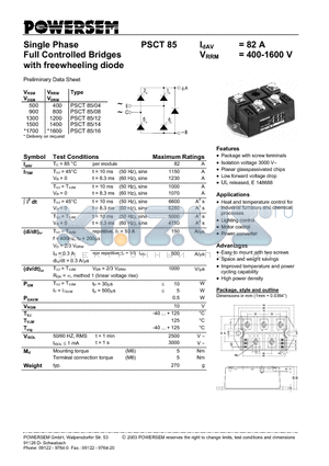 PSCT85 datasheet - Single Phase Full Controlled Bridges with freewheeling diode