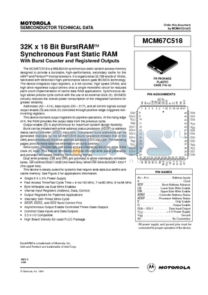 MCM67C518FN7 datasheet - 32K x 18 Bit BurstRAM Synchronous Fast Static RAM