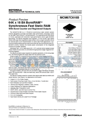 MCM67C618BFN7 datasheet - 64K x 18 Bit BurstRAM Synchronous Fast Static RAM