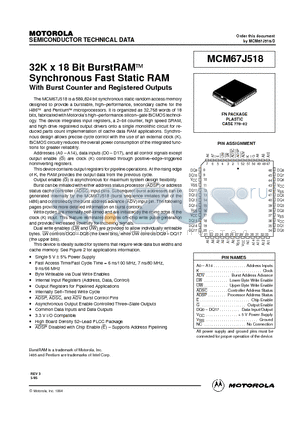 MCM67J518FN6 datasheet - 32K x 18 Bit BurstRAM Synchronous Fast Static RA