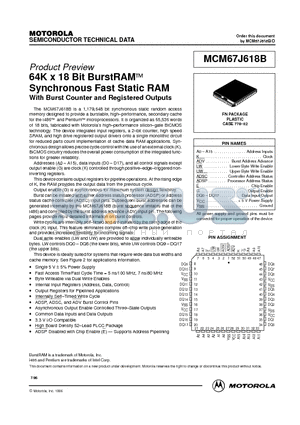 MCM67J618B datasheet - 64K x 18 Bit BurstRAM Synchronous Fast Static RAM