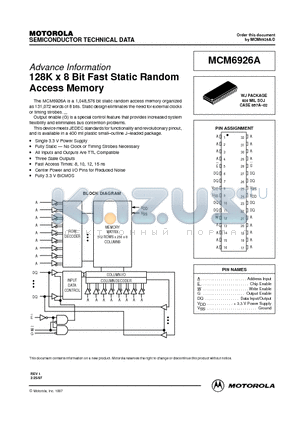 MCM6926A datasheet - 128K x 9 Bit Fast Static Random Access Memory