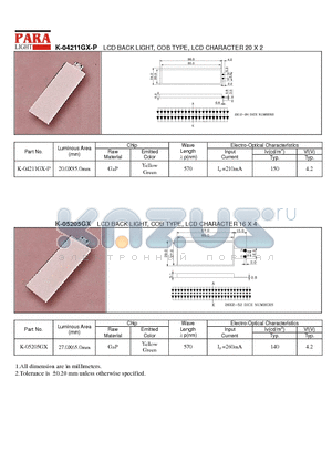 K-05205GX datasheet - LCD BACK LIGHT, COB TYPE, LCD CHARACTER 20 X 2, 16 X 4