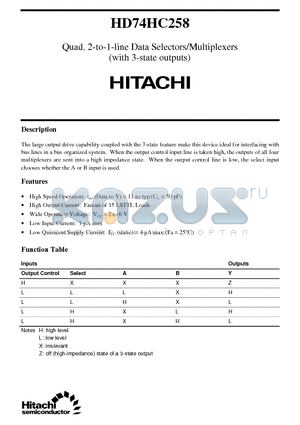 HD74HC258 datasheet - Quad. 2-to-1-line Data Selectors/Multiplexers(with 3-state outputs)