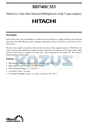 HD74HC353 datasheet - Dual 4-to-1-line Data Selectors/Multiplexers (with 3-state outputs)