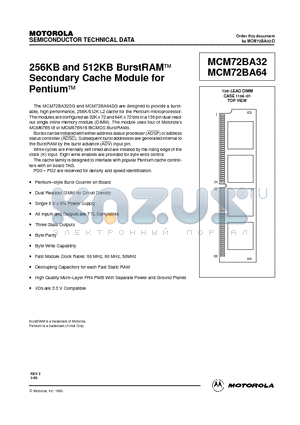 MCM72BA64SG60 datasheet - 256KB and 512KB BurstRAM Secondary Cache Module for Pentium