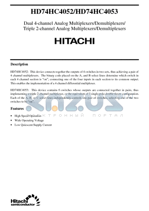 HD74HC4052 datasheet - Dual 4-channel, Triple 2-channel Analog Multiplexers/Demultiplexers/