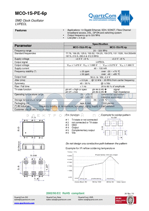 MCO-1S3-PE-6P datasheet - SMD Clock Oscillator LVPECL Output frequency up to 320 MHz