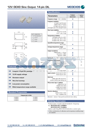 MCOCXOS/BV5 datasheet - 12V OCXO Sine Output 14-pin DIL