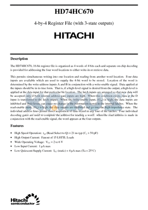 HD74HC670 datasheet - 4-by-4 Register File (with 3-state outputs)