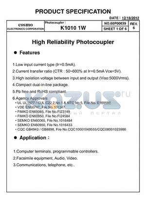 K10101W datasheet - High Reliability Photocoupler