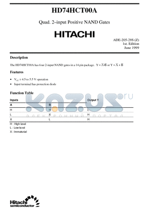 HD74HCT00A datasheet - Quad. 2-input Positive NAND Gates