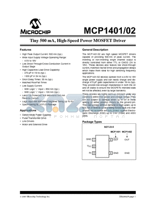 MCP1402T-E/OT datasheet - Tiny 500 mA, High-Speed Power MOSFET Driver