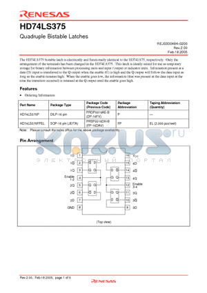 HD74LS375 datasheet - Quadruple Bistable Latches