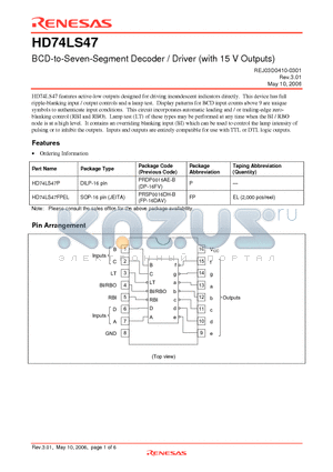 HD74LS47 datasheet - BCD-to-Seven-Segment Decoder / Driver (with 15 V Outputs)