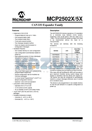 MCP25020 datasheet - CAN I/O Expander Family