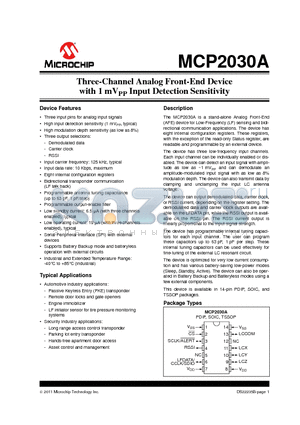 MCP2030A datasheet - Three-Channel Analog Front-End Devicewith 1 mVPP Input Detection Sensitivity