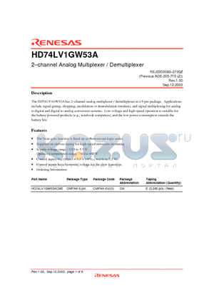 HD74LV1GW53A datasheet - 2-channel Analog Multiplexer / Demultiplexer