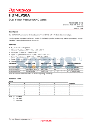 HD74LV20AFPEL datasheet - Dual 4-input Positive NAND Gates