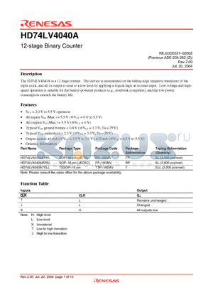 HD74LV4040A datasheet - 12-stage Binary Counter