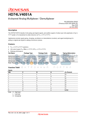 HD74LV4051ATELL datasheet - 8-channel Analog Multiplexer / Demultiplexer