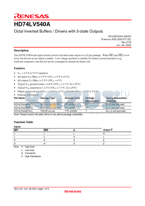 HD74LV540A datasheet - Octal Inverted Buffers / Drivers with 3-state Outputs