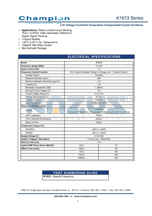 K1613 datasheet - 3.3V Voltage Controlled Temperature Compensated Crystal Oscillators
