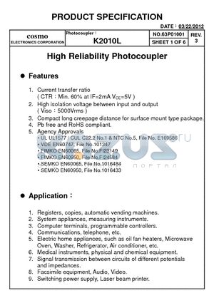 K20106B datasheet - High Reliability Photocoupler